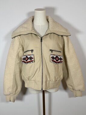 Desigual Cream Boucle Twill Beaded Cropped Bomber Jacket L Wide Lapel Zip Front